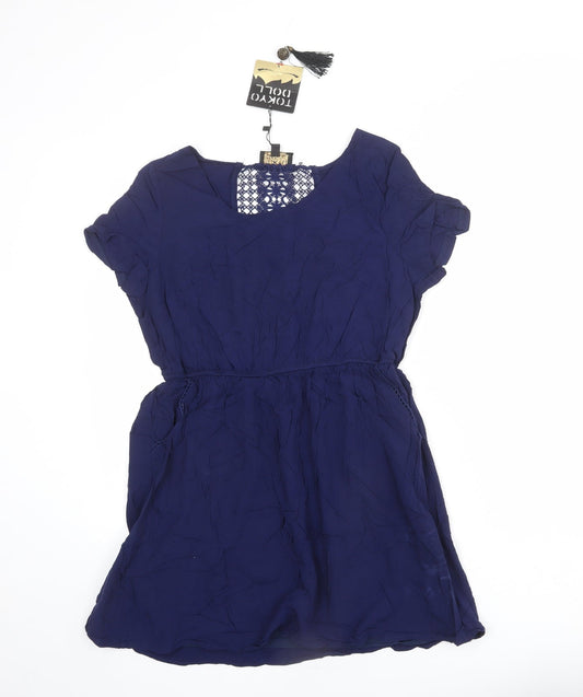 Tokyo Doll Womens Blue Viscose Skater Dress Size 14 Boat Neck Pullover