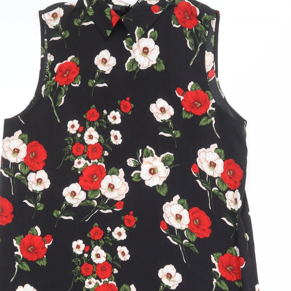 Fashion Union Womens Black Floral Polyester Shift Size 16 Collared Tie