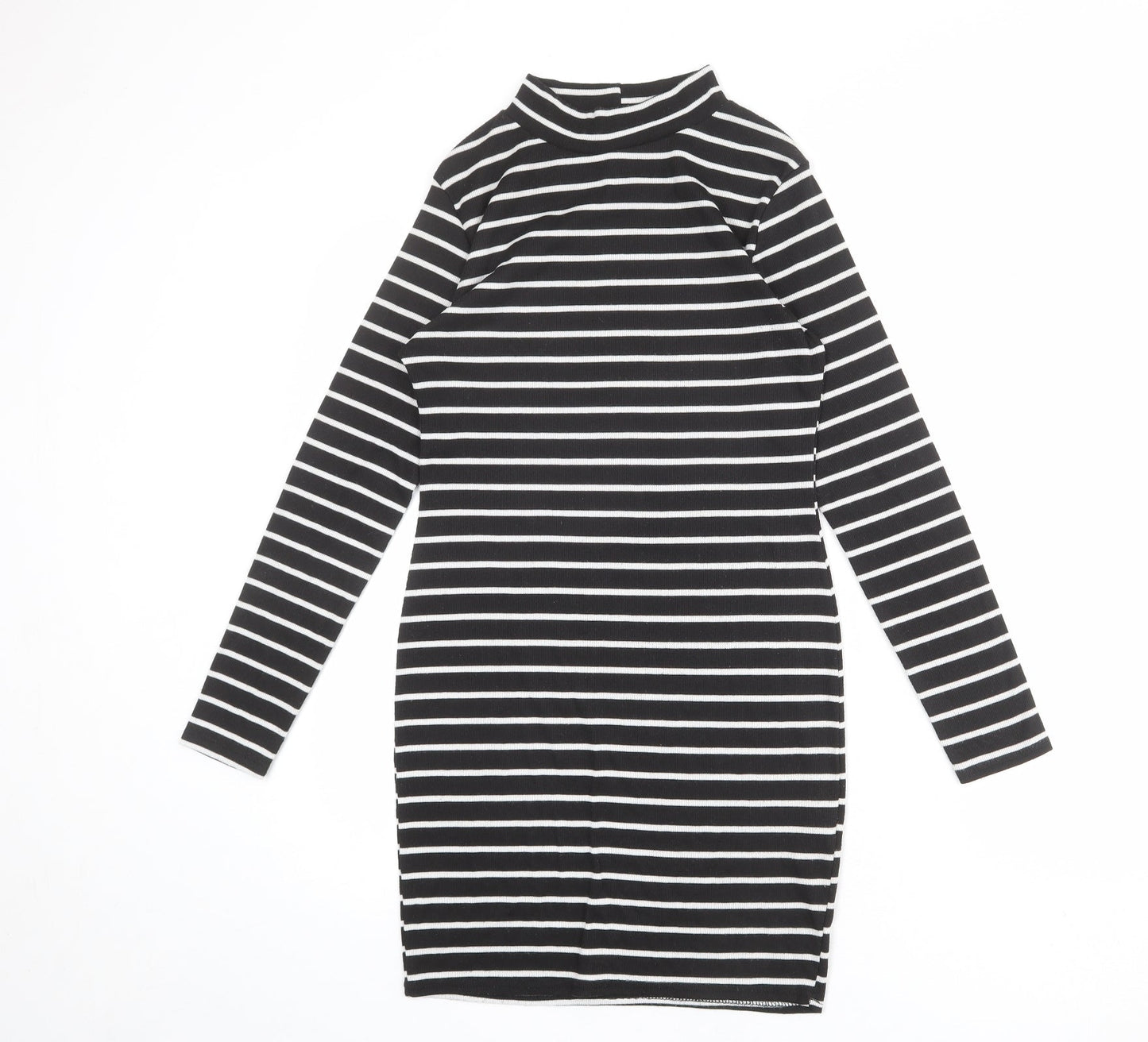 Cameo Rose Womens Black Striped Polyester T-Shirt Dress Size 14 Mock Neck Pullover