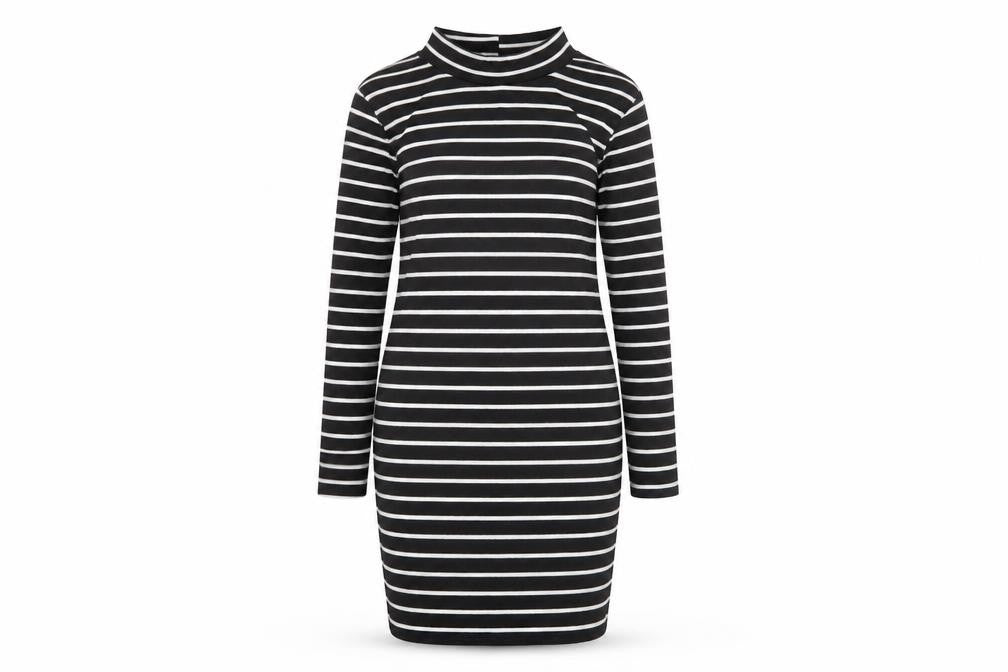Cameo Rose Womens Black Striped Polyester T-Shirt Dress Size 14 Mock Neck Pullover