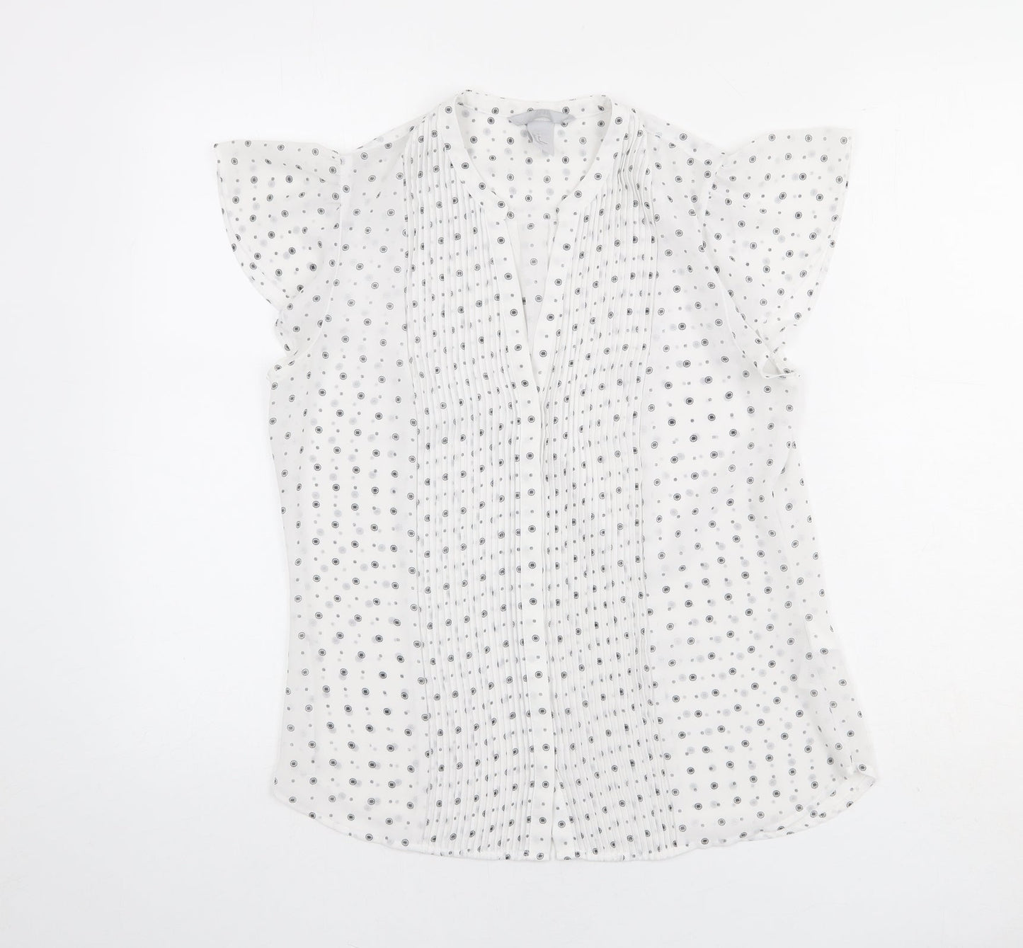 H&M Womens White Geometric Polyester Basic Button-Up Size 10 V-Neck