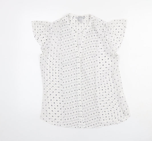H&M Womens White Geometric Polyester Basic Button-Up Size 10 V-Neck