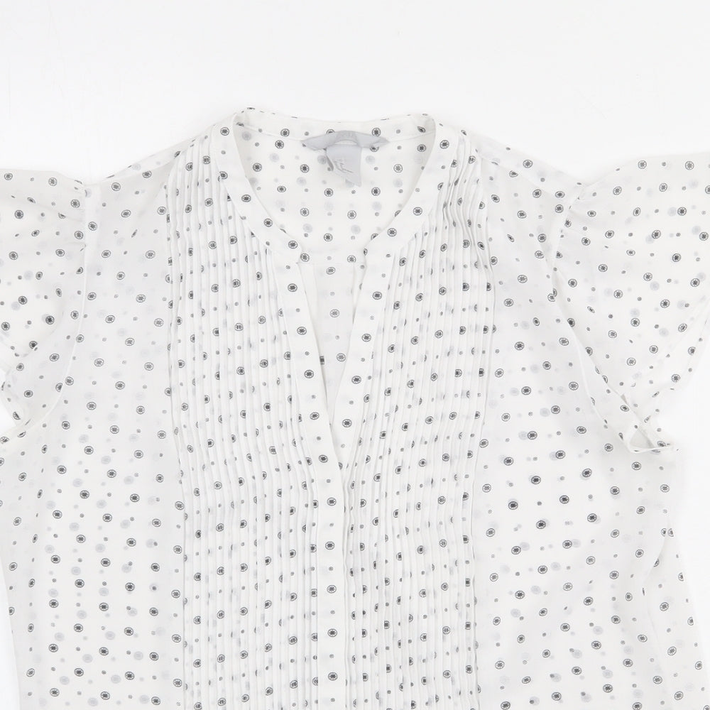 H&M Womens White Geometric Polyester Basic Button-Up Size 10 V-Neck
