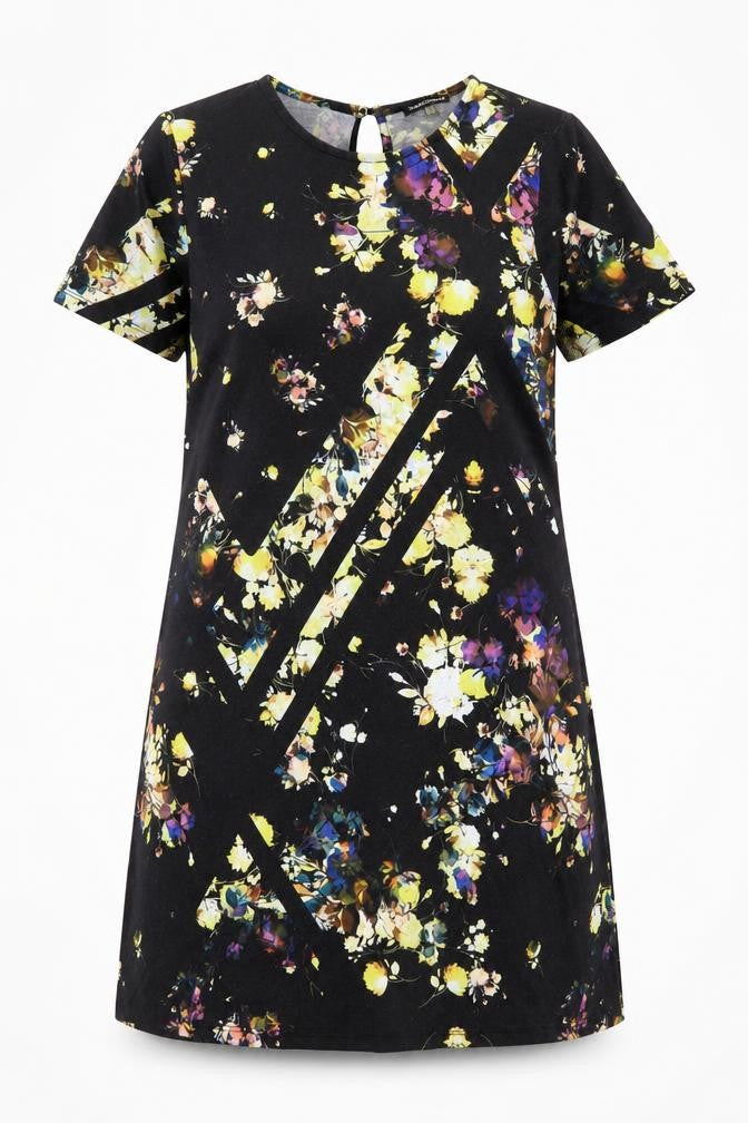 Warehouse Womens Black Floral Polyester Shift Size 10 Round Neck Button