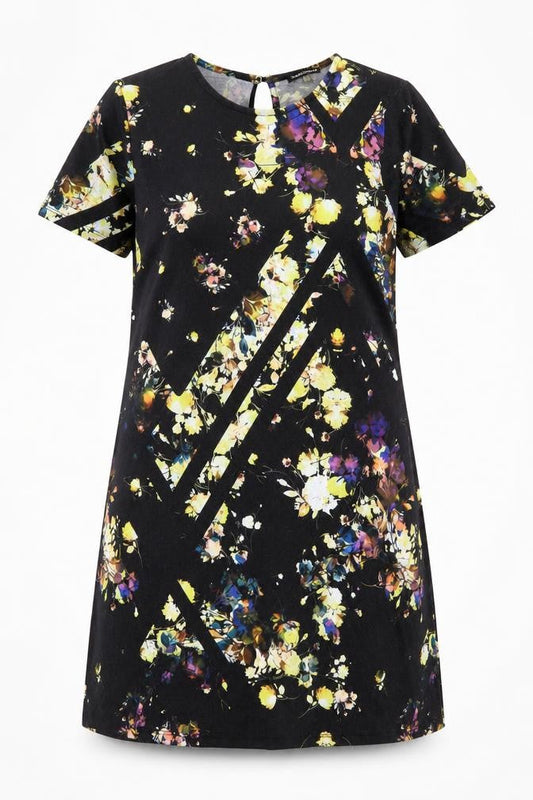 Warehouse Womens Black Floral Polyester Shift Size 10 Round Neck Button