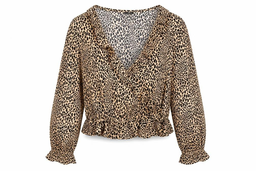 Divided by H&M Womens Beige Animal Print Polyester Basic Blouse Size M V-Neck - Leopard Print