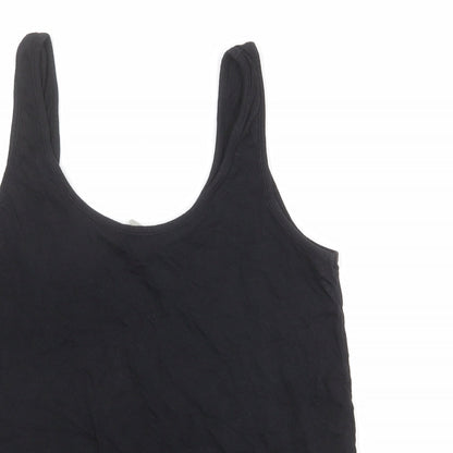 Close-up detail of ASOS women’s black cotton basic tank, size UK 12, round neck