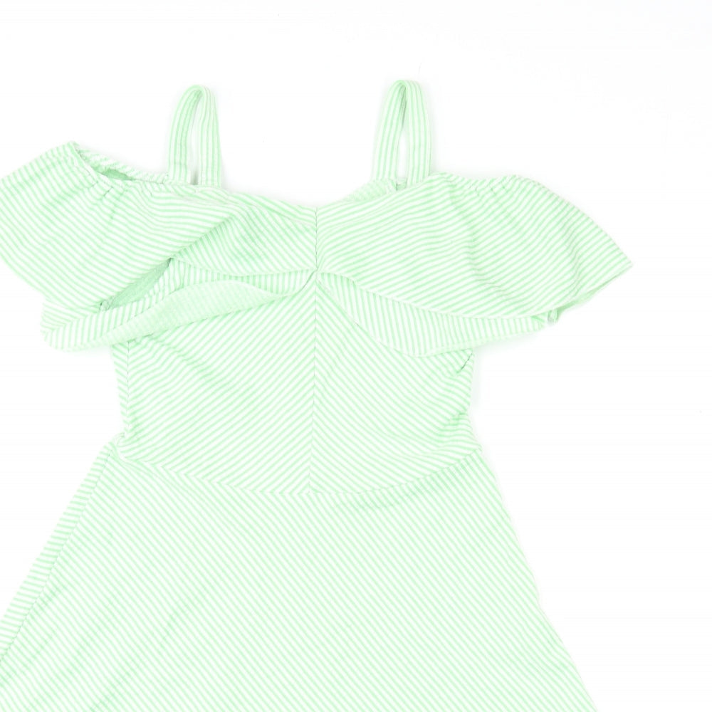 Zara Womens Green Striped Cotton Fit & Flare Size 10 Off the Shoulder Pullover