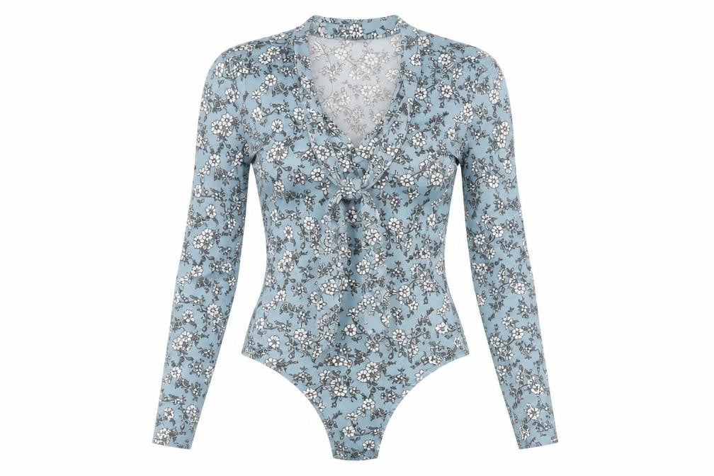Blue Vanilla Womens Blue Floral Polyester Bodysuit One-Piece Size 8 Snap