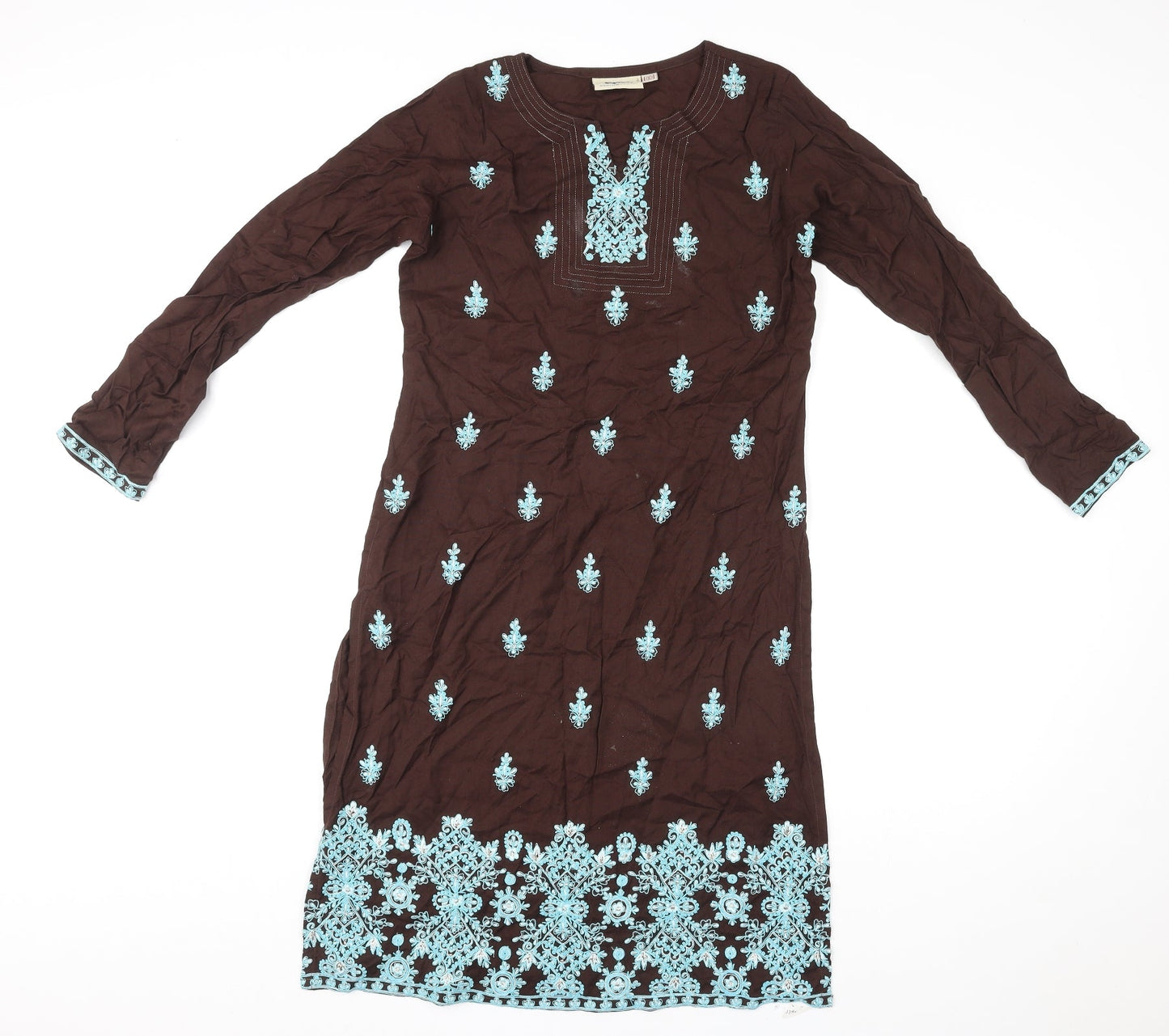 Rupali Womens Brown Geometric Rayon Kaftan Size S Round Neck Pullover