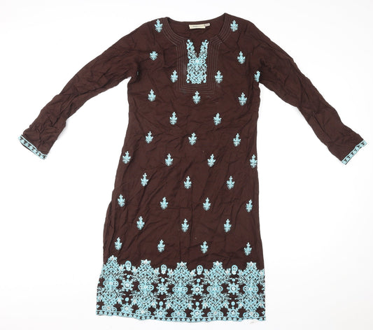 Rupali Womens Brown Geometric Rayon Kaftan Size S Round Neck Pullover