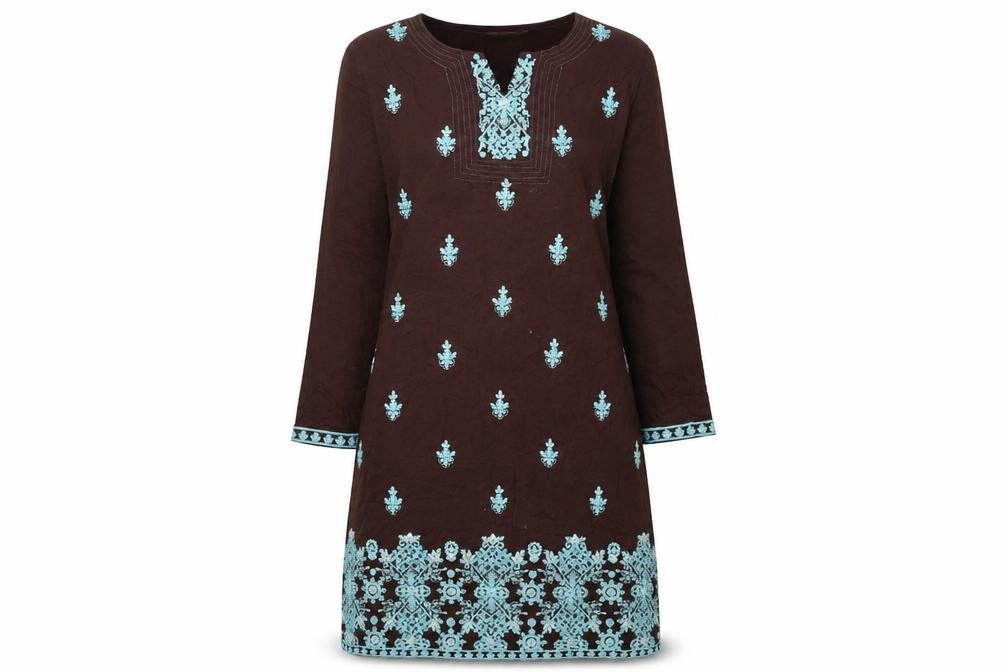 Rupali Womens Brown Geometric Rayon Kaftan Size S Round Neck Pullover