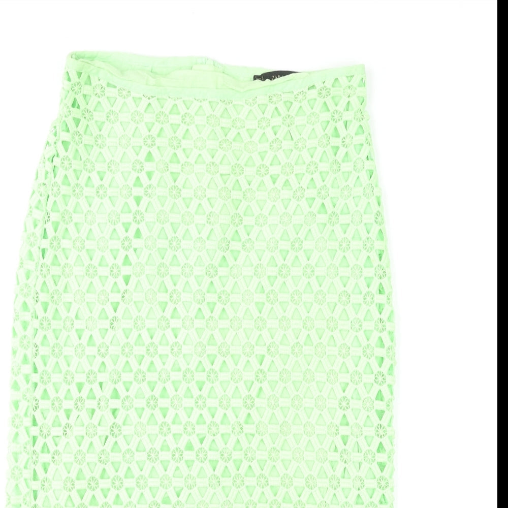 Zara Womens Green Geometric Cotton A-Line Skirt Size S Zip