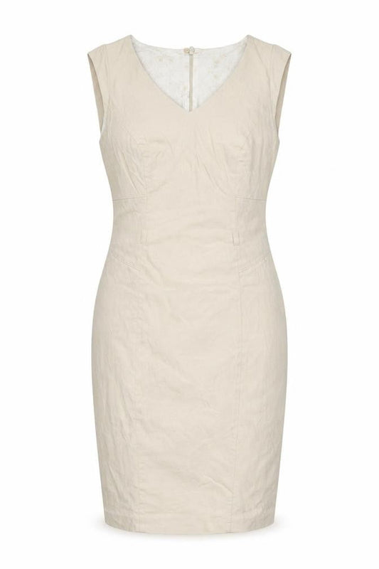 Marks & Spencer Womens Beige Linen Pencil Dress Size 8 V-Neck Zip