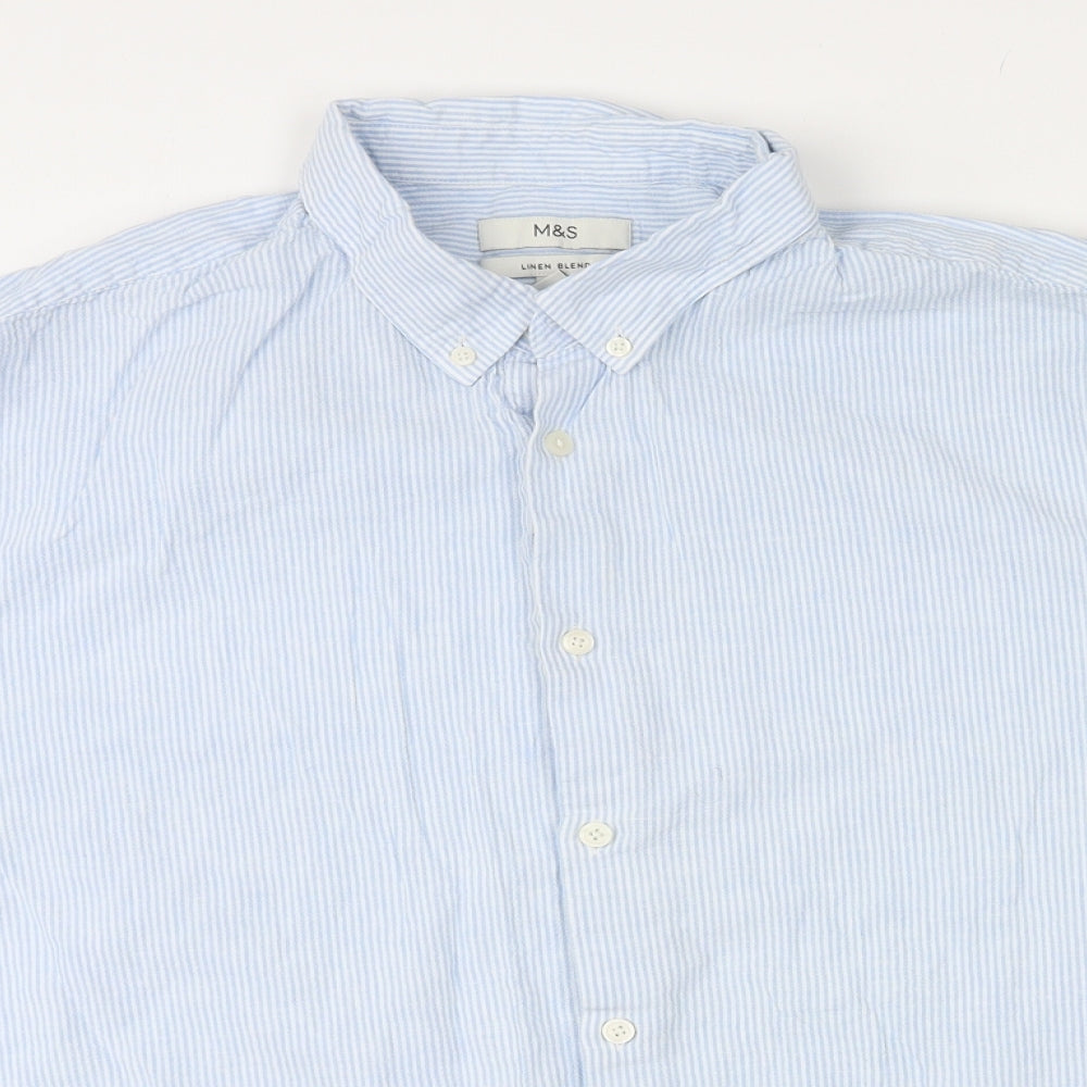 Marks and Spencer Womens Blue Striped Linen Basic Button-Up Size 2XL Collared