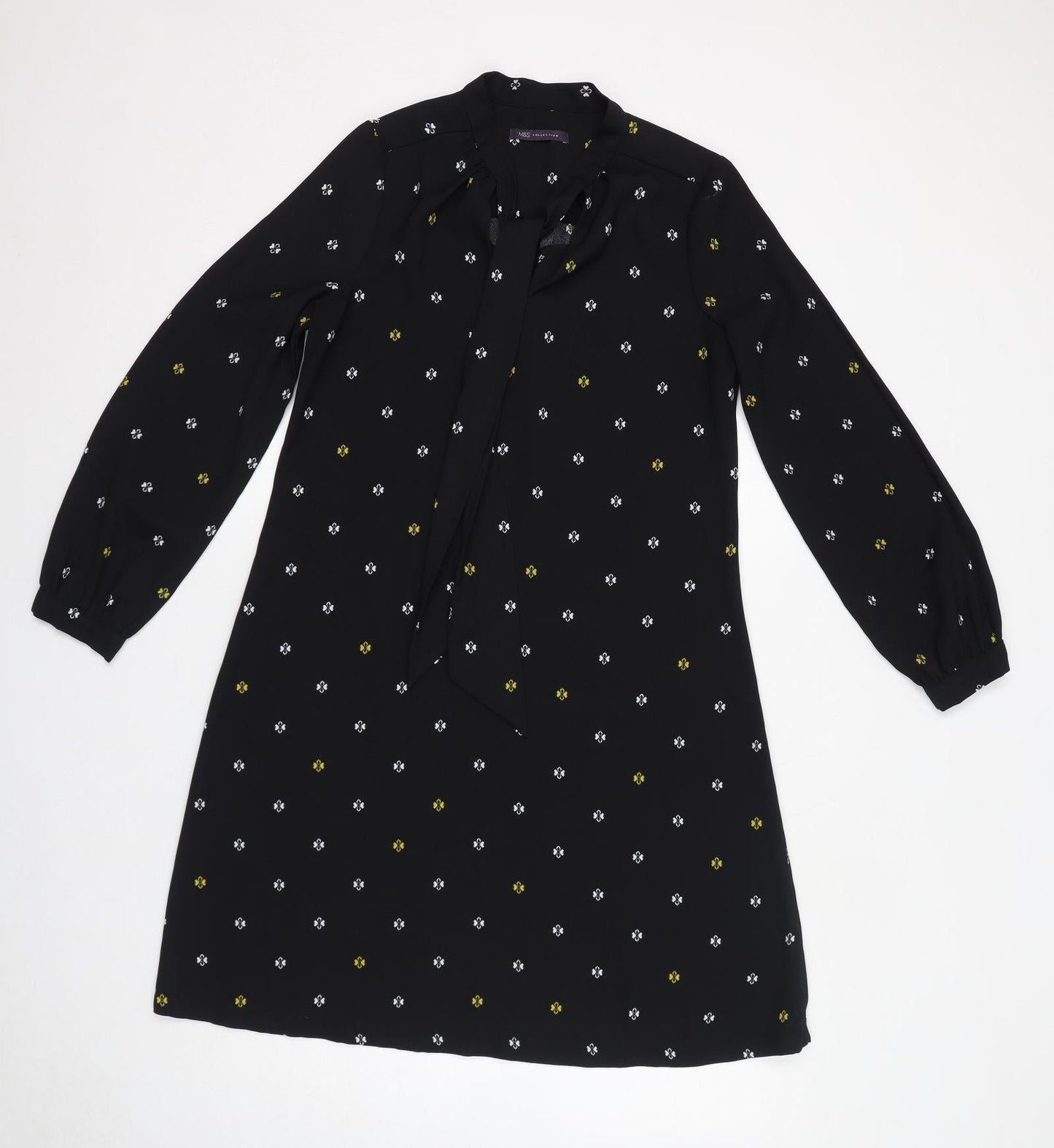 Marks and Spencer Womens Black Geometric Polyester Shift Size 10 Round Neck Pullover - Tie Neck Detail
