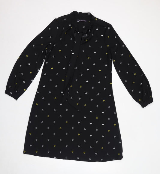 Marks and Spencer Womens Black Geometric Polyester Shift Size 10 Round Neck Pullover - Tie Neck Detail