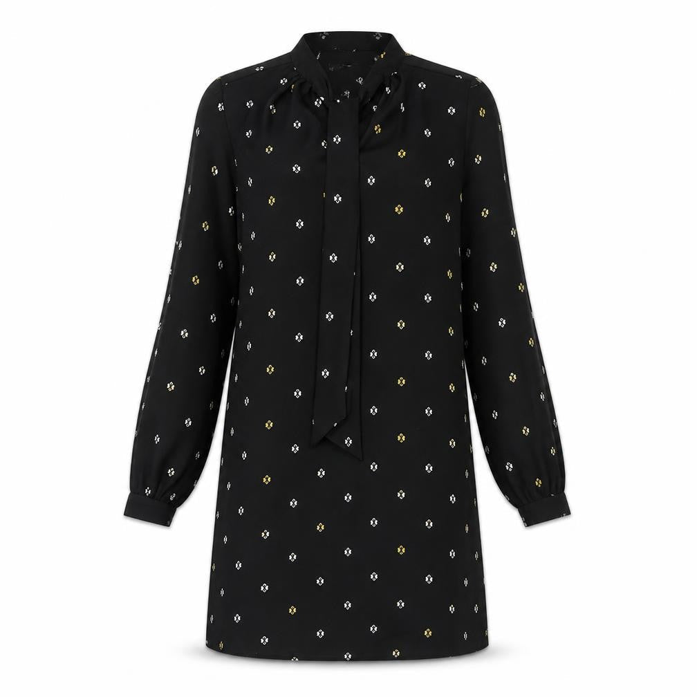 Marks & Spencer Womens Black Geometric Polyester Shift Size 10 Round Neck Pullover - Tie Neck Detail