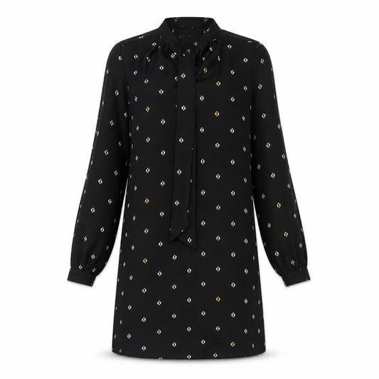 Marks & Spencer Womens Black Geometric Polyester Shift Size 10 Round Neck Pullover - Tie Neck Detail