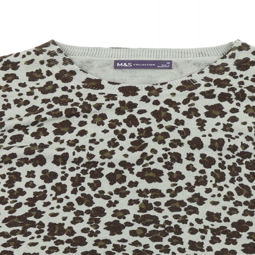 Marks and Spencer Womens Grey Round Neck Animal Print Acrylic Pullover Jumper Size 10 - Leopard Print