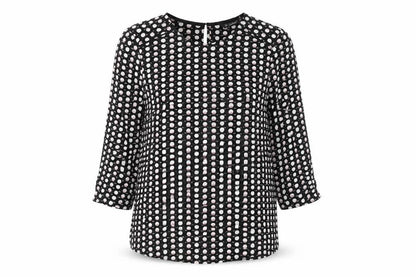 Front view of Dunnes women’s black geometric polyester basic blouse, size XS, round neck