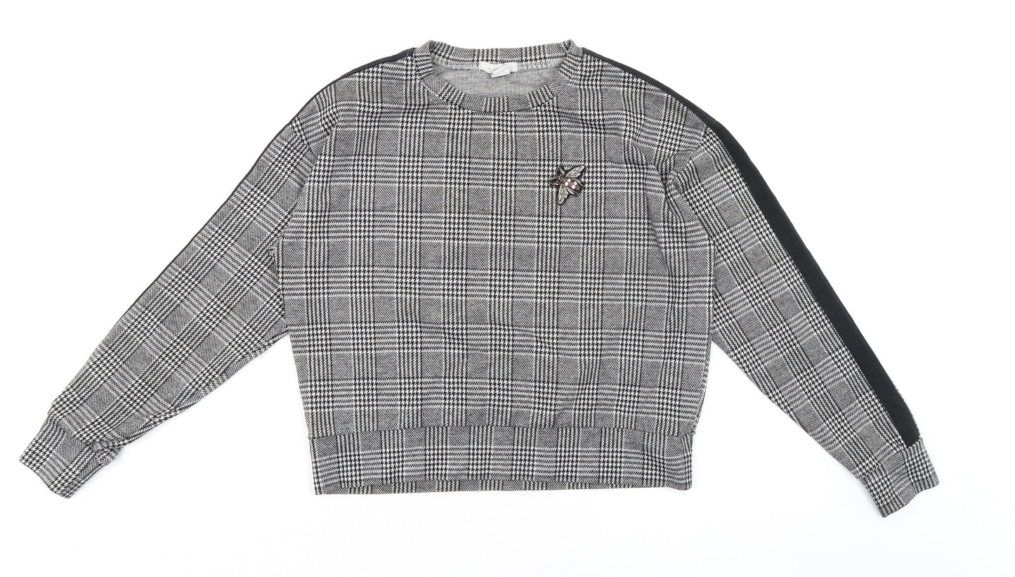Amisu Womens Black Check Polyester Basic T-Shirt Size S Round Neck