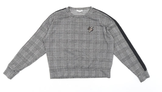Amisu Womens Black Check Polyester Basic T-Shirt Size S Round Neck