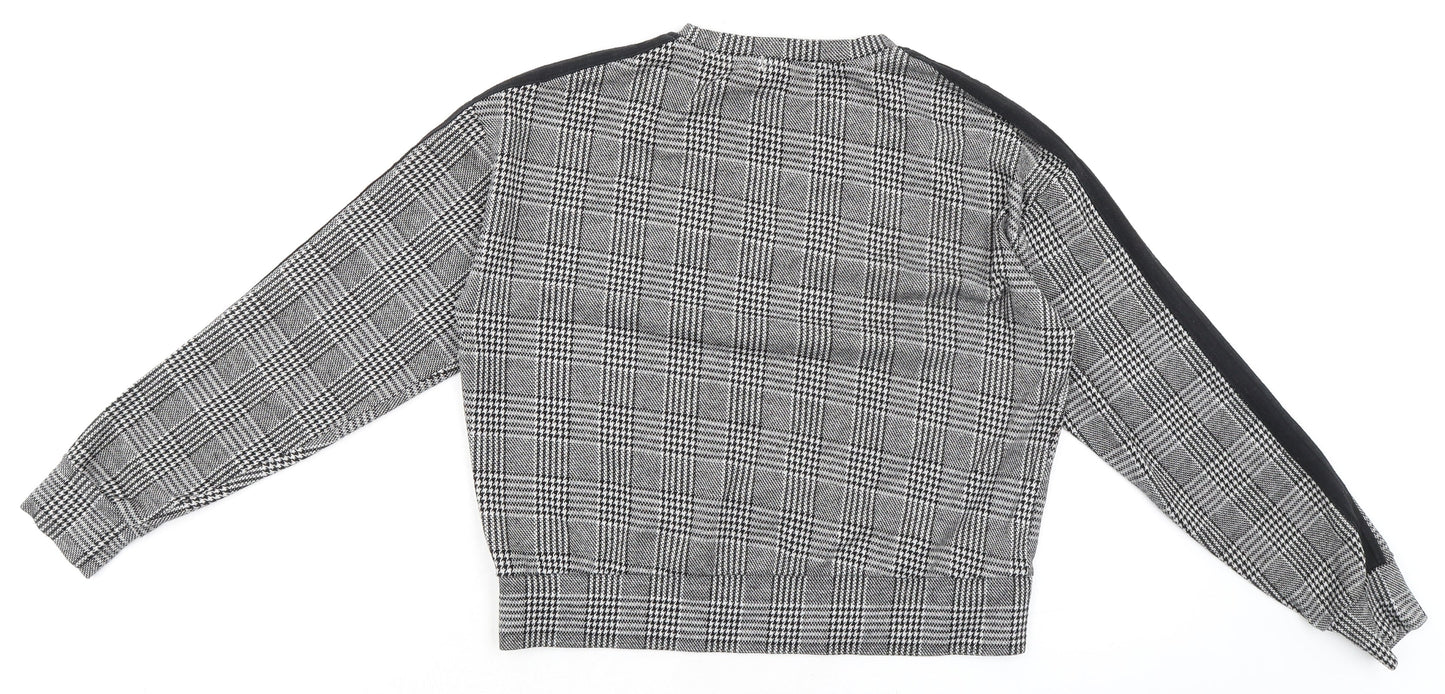 Amisu Womens Black Check Polyester Basic T-Shirt Size S Round Neck