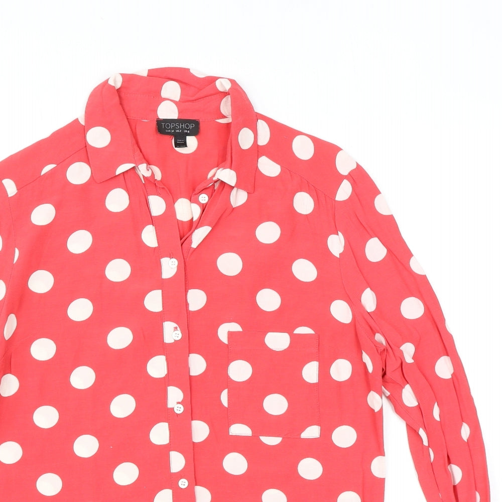 Topshop Womens Pink Polka Dot Viscose Basic Button-Up Size 6 Collared