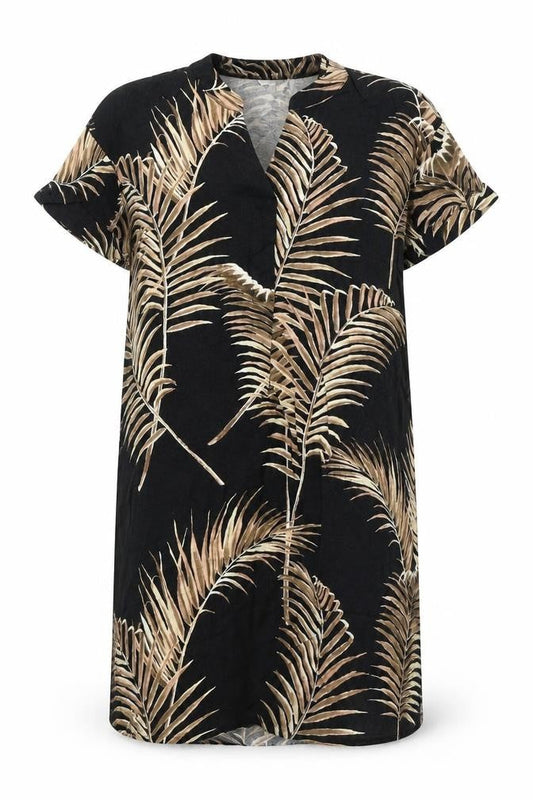 H&M Womens Black Geometric Linen T-Shirt Dress Size 8 V-Neck Pullover