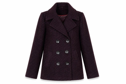 Front view of Principles women’s purple herringbone jacket, size UK 10, button