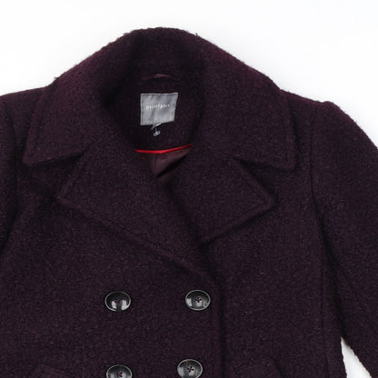 Close-up detail of Principles women’s purple herringbone jacket, size UK 10, button