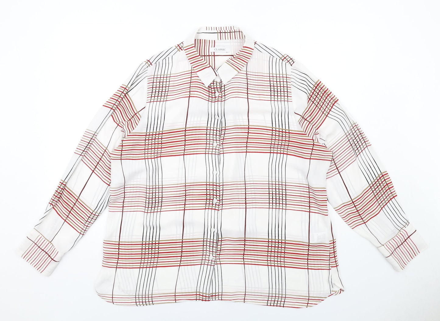 Classic Womens White Check Polyester Basic Button-Up Size 18 Collared