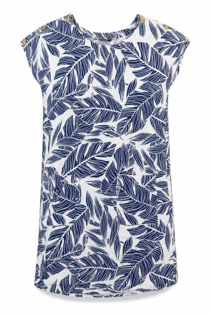 Bonmarché Womens Blue Geometric Linen Shift Size 12 Round Neck Pullover - Leaf pattern