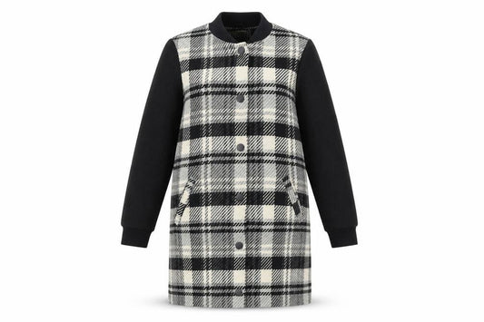 Front view of Principles women’s black plaid overcoat coat, size UK 8, snap