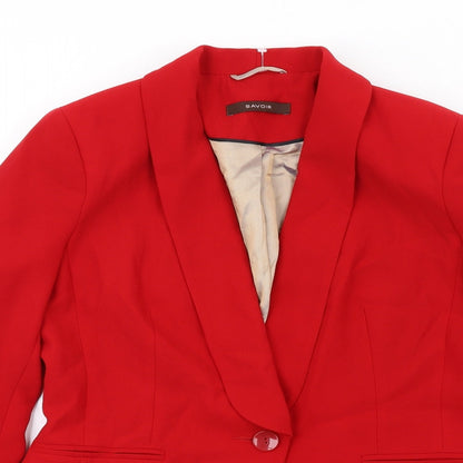 Close-up detail of Savoir women’s red polyester jacket blazer, size UK 10