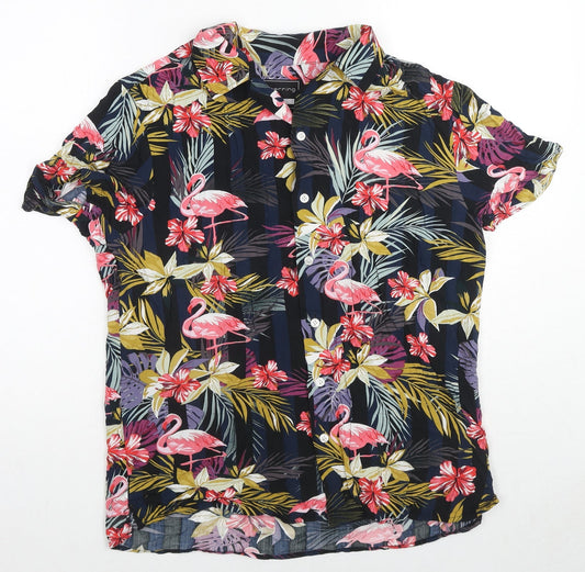Red Herring Mens Multicoloured Geometric Viscose Button-Up Size S Collared Button - Flamingo Print