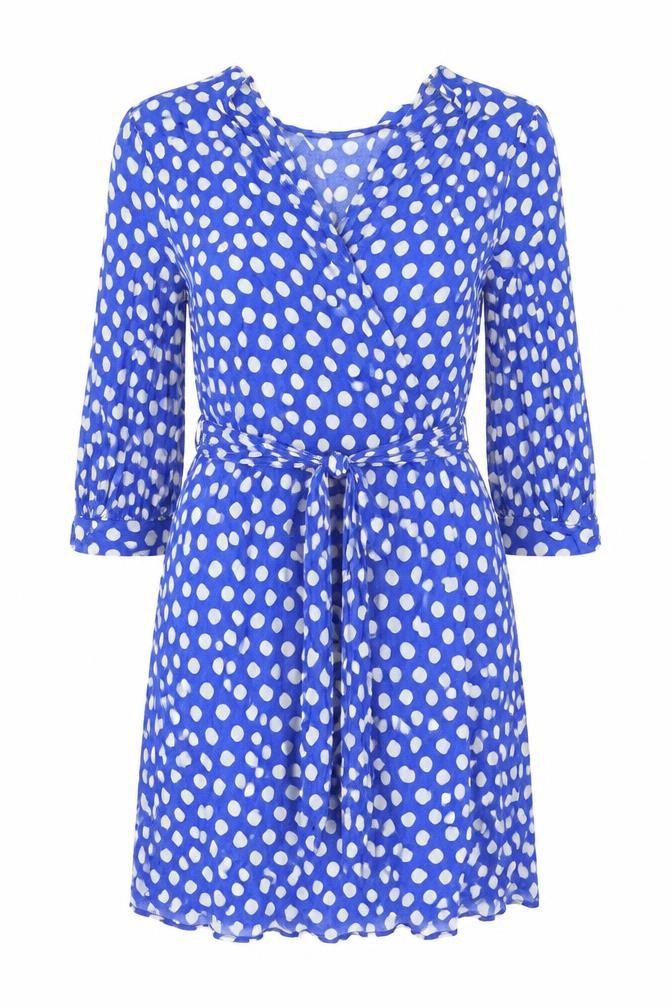 Zara Womens Blue Polka Dot Viscose A-Line Size S V-Neck Zip