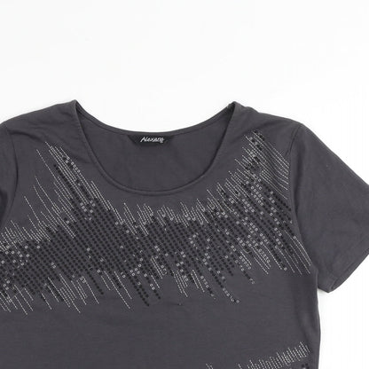 Close-up detail of Alexara women’s grey polyester basic t-shirt, size UK 14, round neck