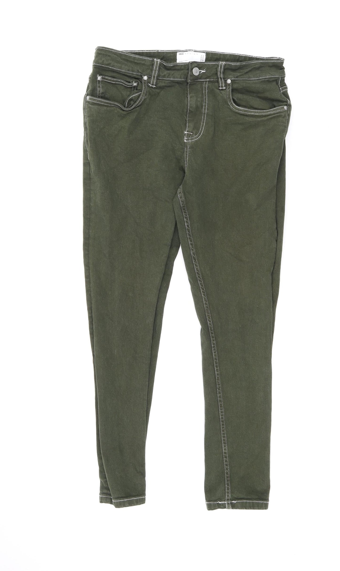 ASOS Womens Green Cotton Skinny Jeans Size 32 in L30 in Regular Zip - Stitching Detail
