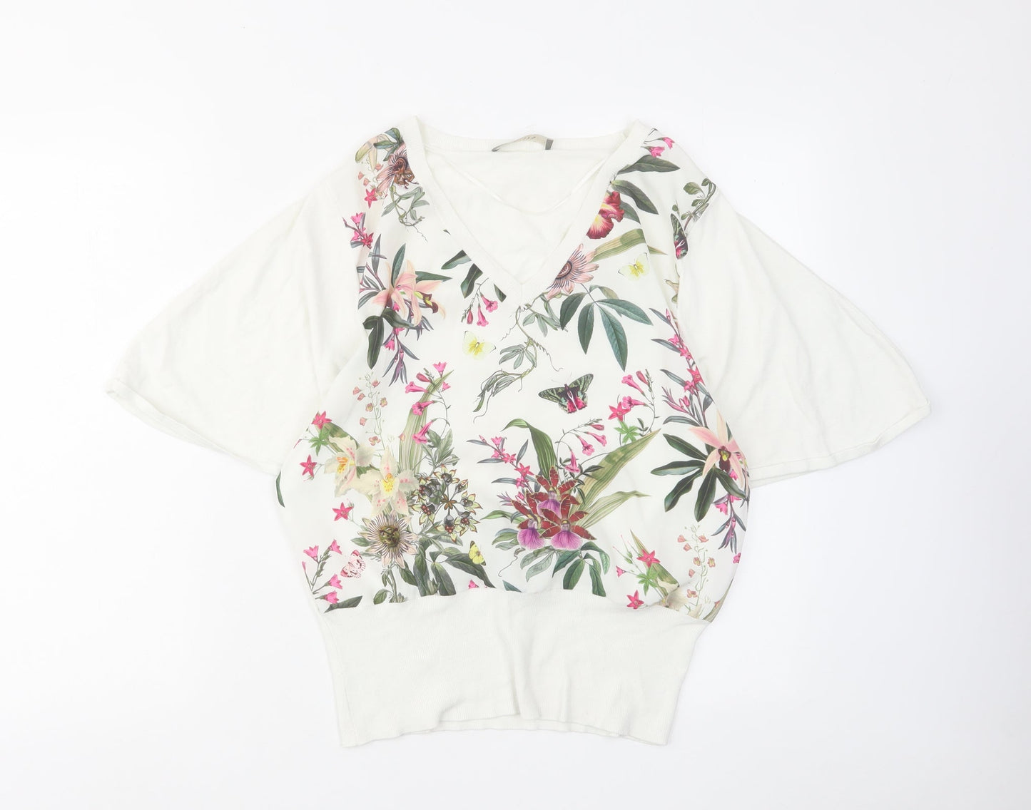 Oasis Womens White V-Neck Floral Viscose Pullover Jumper Size S