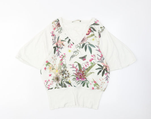 Oasis Womens White V-Neck Floral Viscose Pullover Jumper Size S