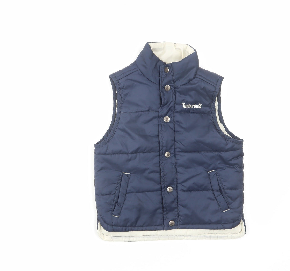 Additional front view of Timberland boys’ blue gilet jacket, size 3, years zip