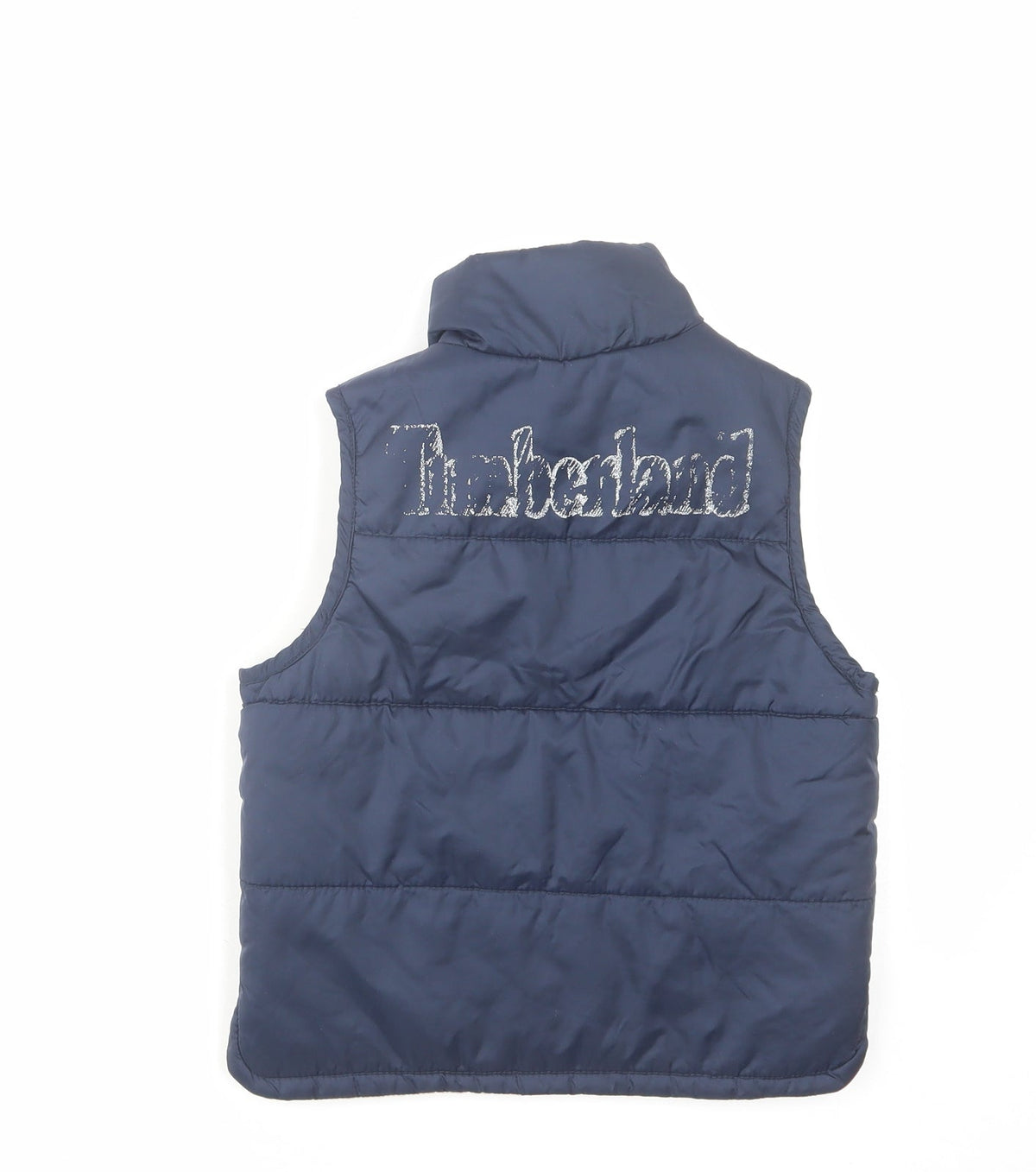 Back view of Timberland boys’ blue gilet jacket, size 3, years zip