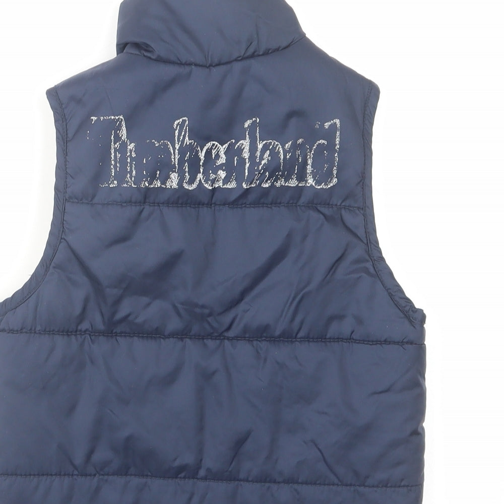 Brand and care label for Timberland boys’ blue gilet jacket, size 3, years zip