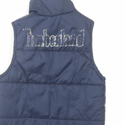 Brand and care label for Timberland boys’ blue gilet jacket, size 3, years zip