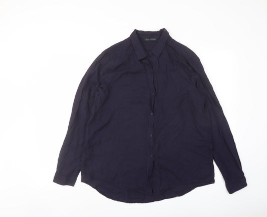 Zara Womens Blue Polyester Basic Button-Up Size L Collared