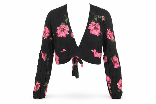 Nobody's Child Womens Black Floral Viscose Cropped Blouse Size 12 V-Neck