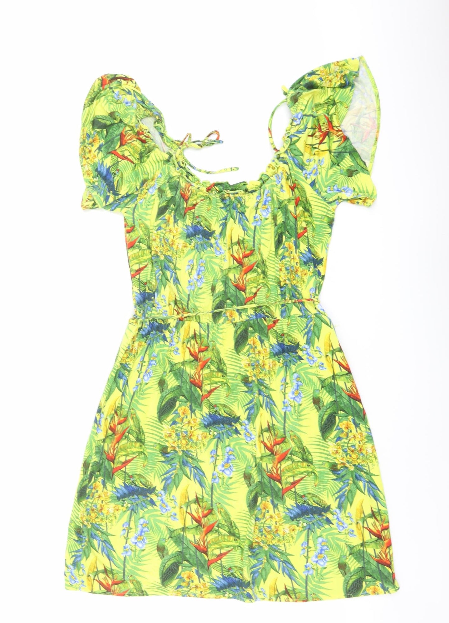 Oasis Womens Yellow Geometric Viscose A-Line Size L Round Neck Pullover - Parrot Print