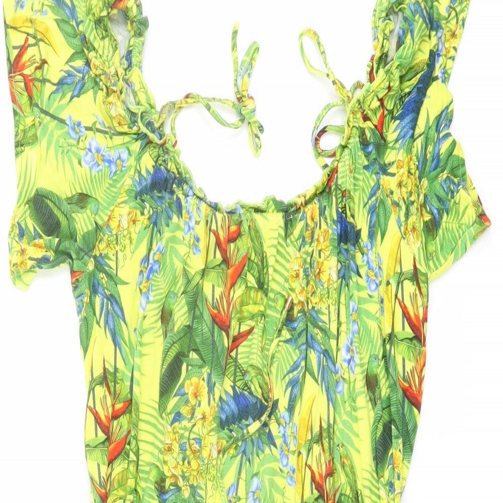 Oasis Womens Yellow Geometric Viscose A-Line Size L Round Neck Pullover - Parrot Print